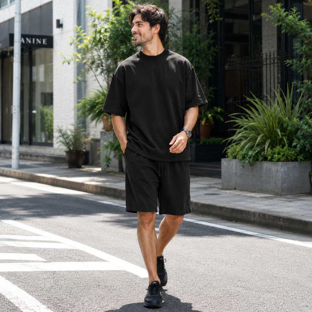 Homme portant l'ensemble noir, t-shirt oversize et short assorti en extérieur