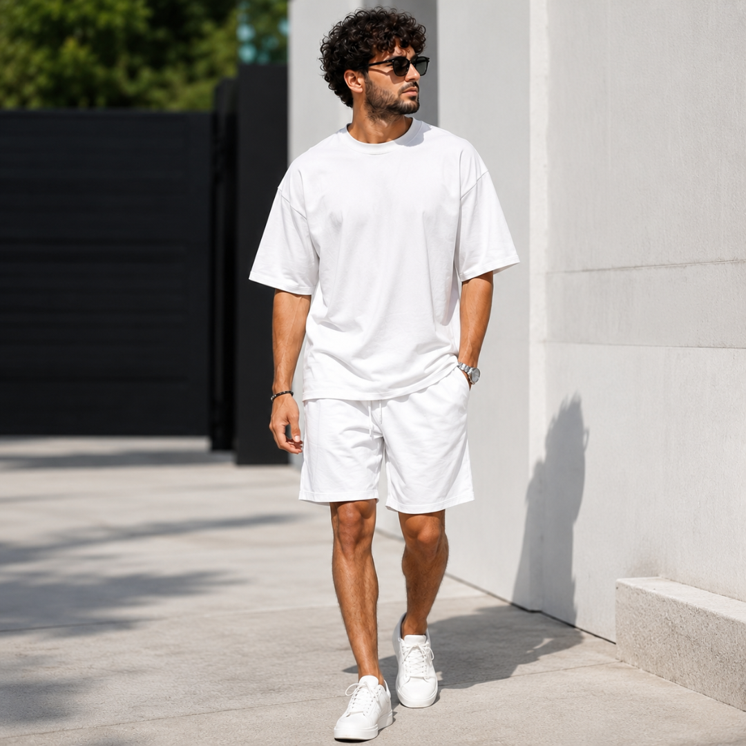 Ensemble deux pièces homme blanc t-shirt oversize et short short décontracté été