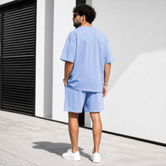 Ensemble bleu clair homme vue de dos t-shirt oversize et short assorti