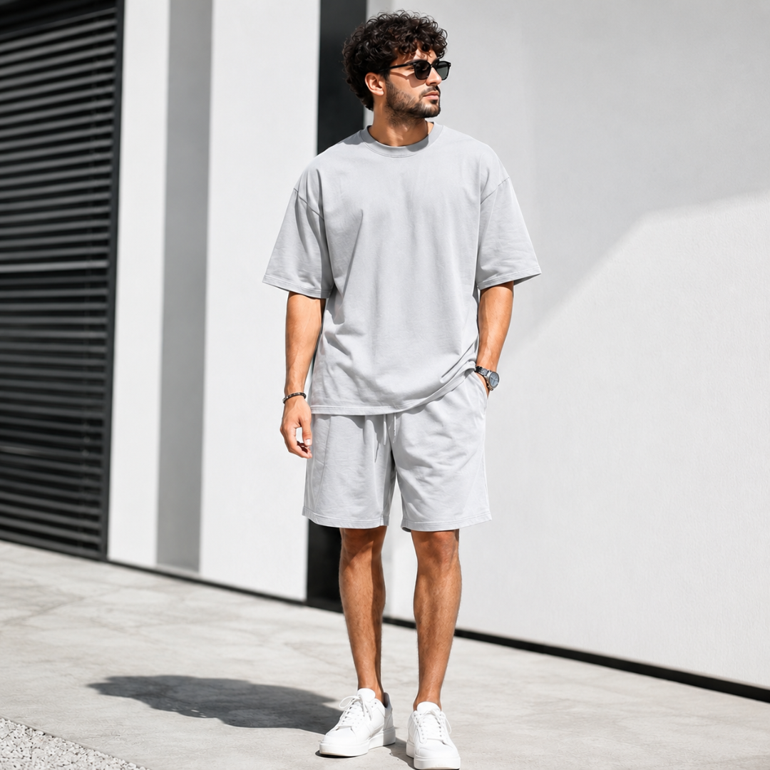 Homme en ensemble gris clair t-shirt manches courtes et short assorti