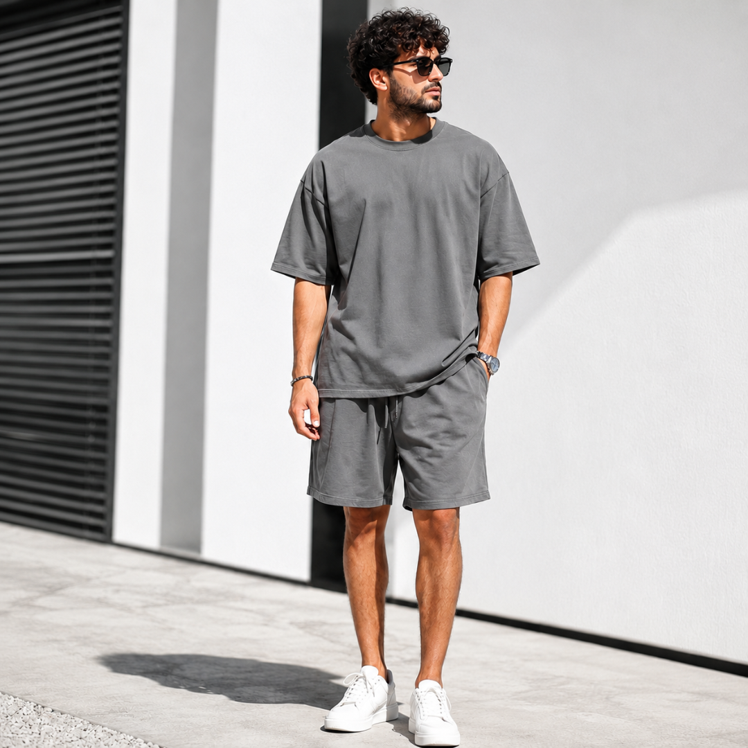 Homme portant un ensemble gris foncé t-shirt oversize et short d'été