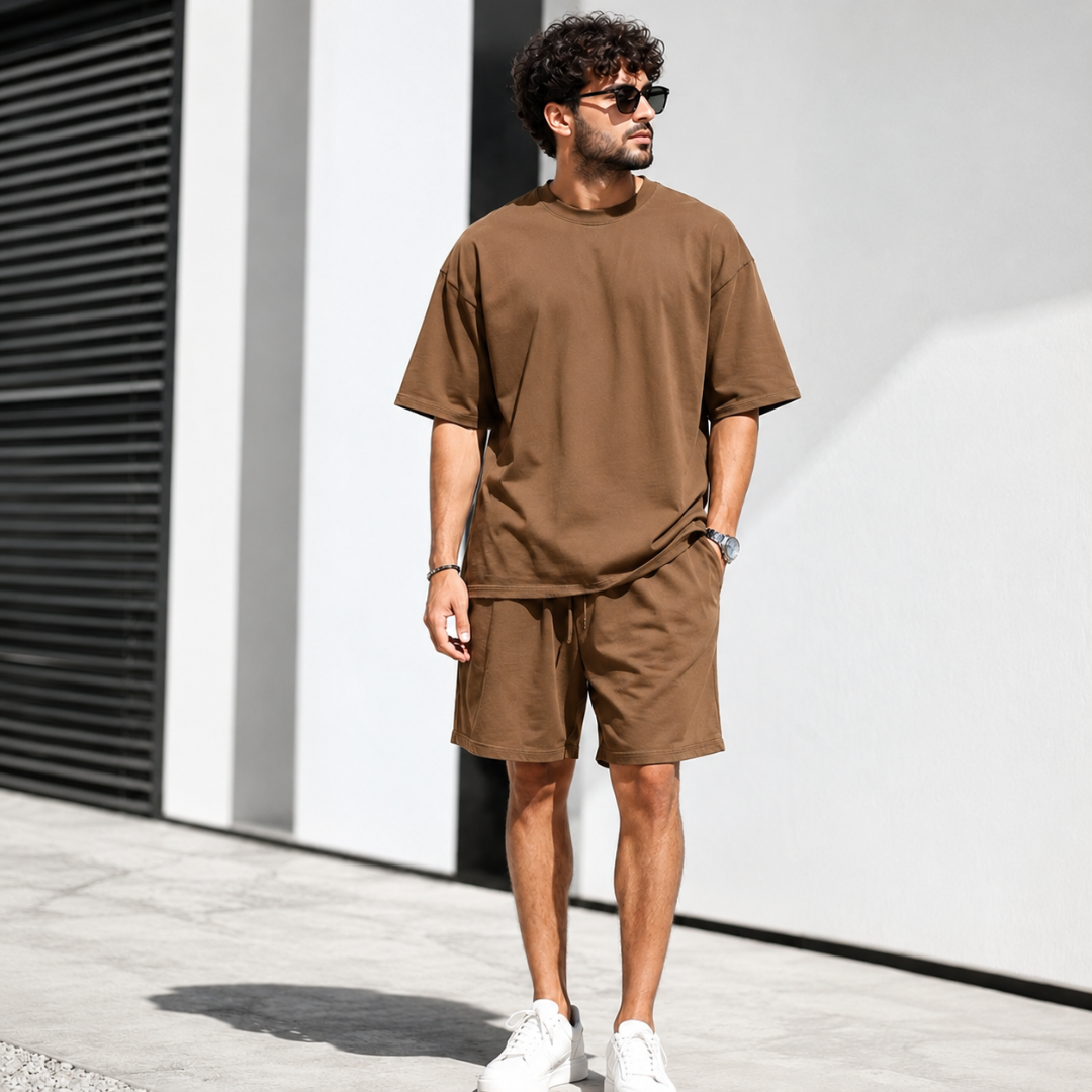 Homme en ensemble marron t-shirt oversize et short décontracté vue de face