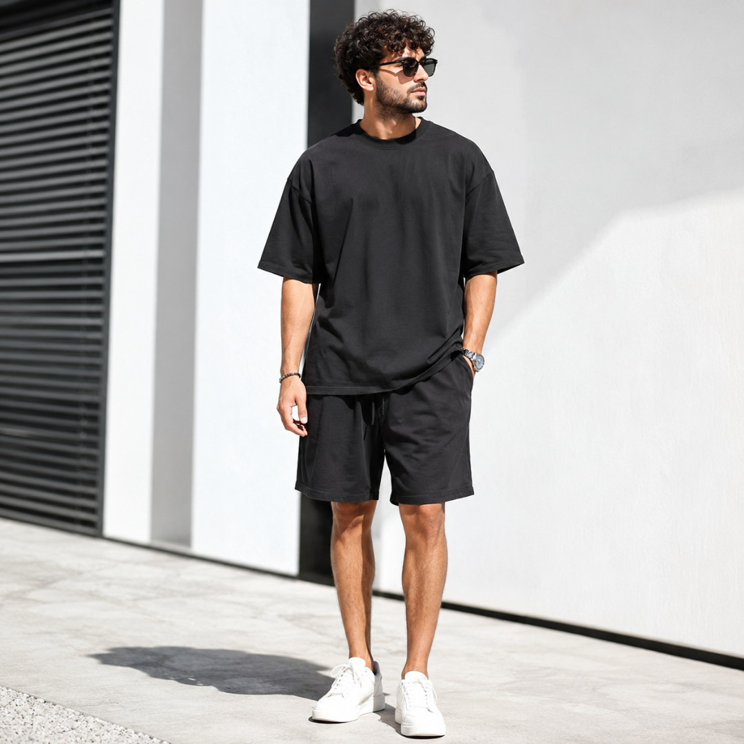 Ensemble deux pièces noir homme t-shirt oversize et short assorti été