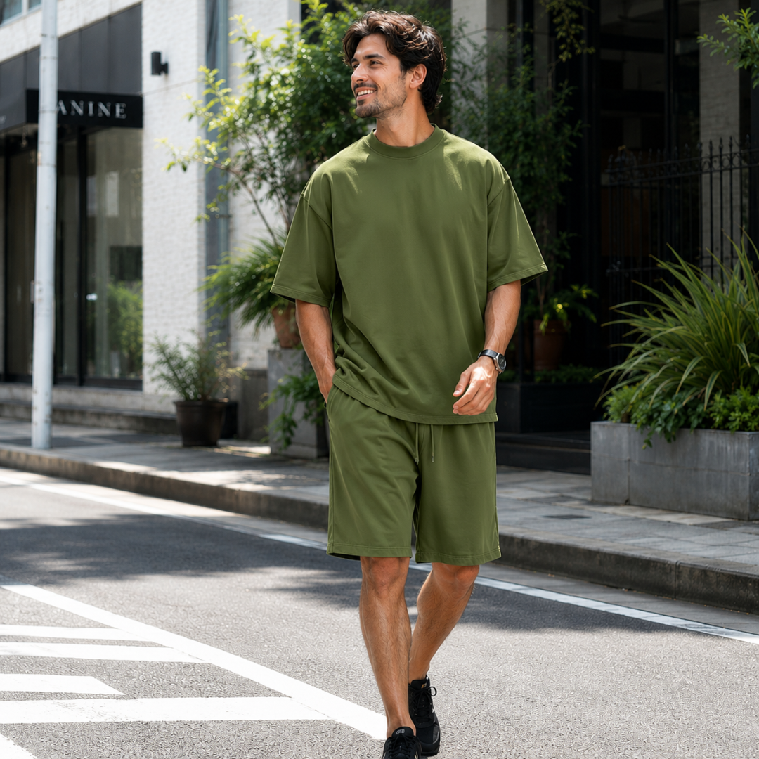 Homme portant l'ensemble vert kaki, t-shirt oversize et short assorti