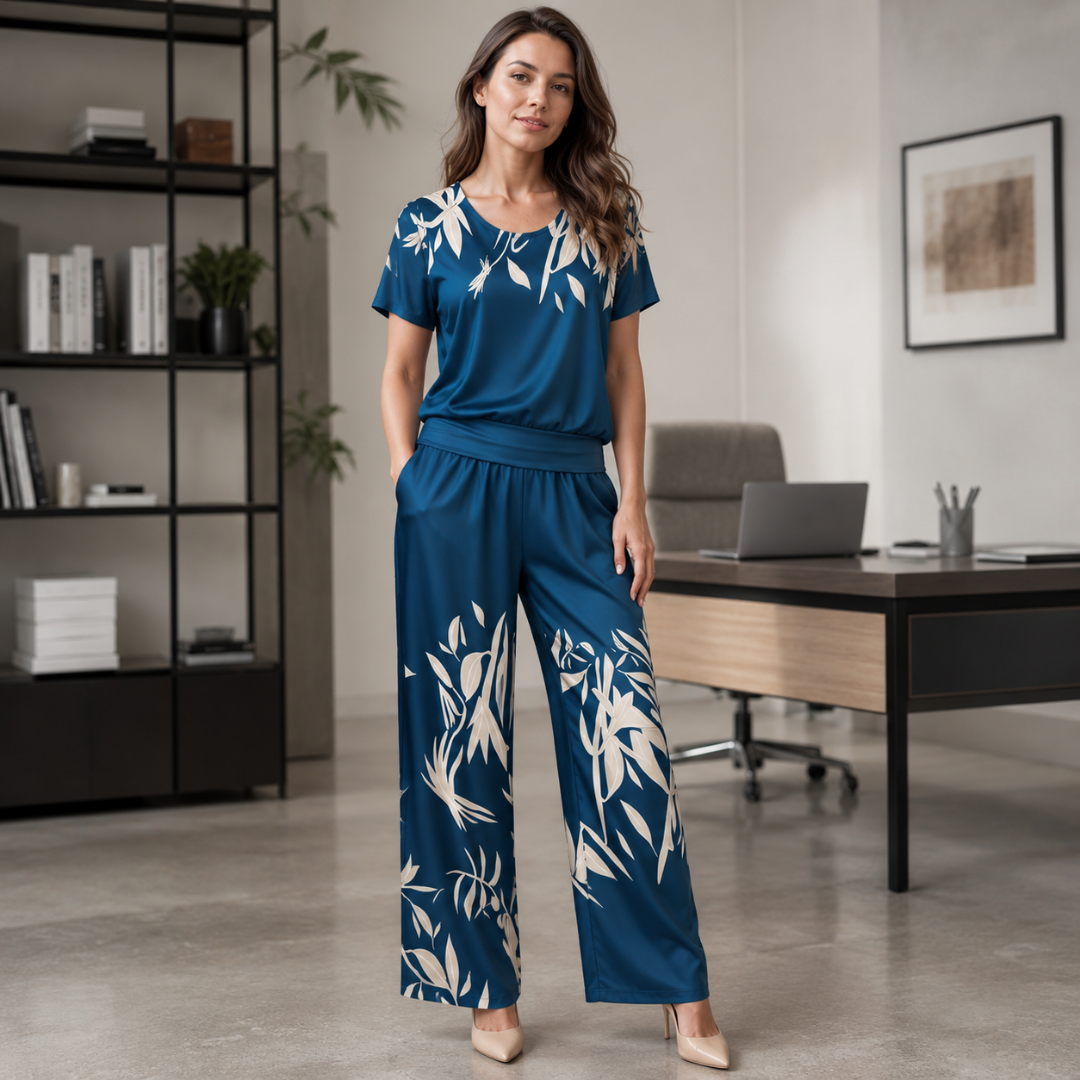Ensemble femme bleu à imprimé floral clair, top et pantalon large fluide