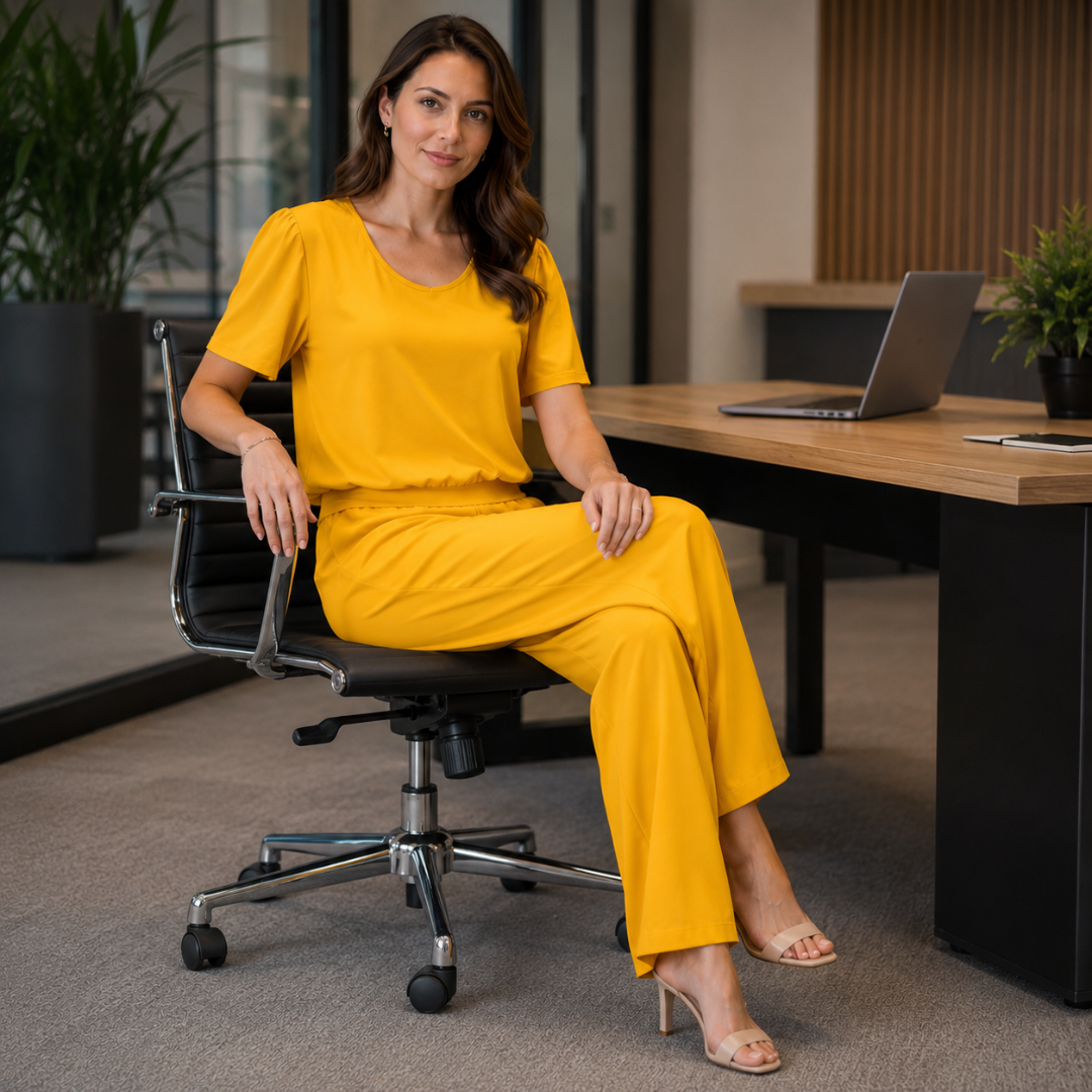 Femme assise portant l'ensemble jaune, top col rond et pantalon large