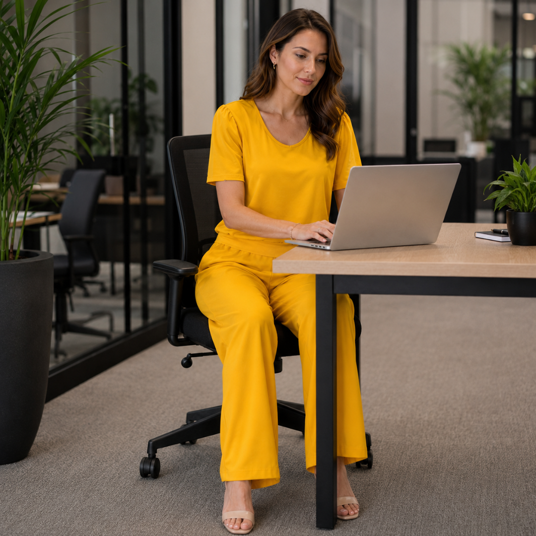 Ensemble jaune au bureau, top manches courtes et pantalon fluide assis