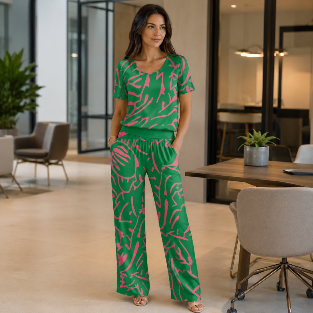 Ensemble femme vert et rose à imprimé abstrait, top et pantalon large