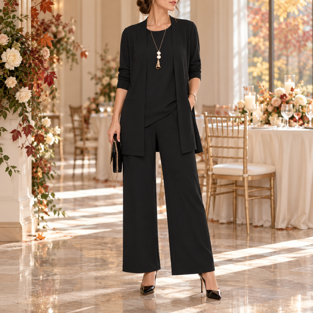 Ensemble noir trois pièces, veste longue sans fermeture et pantalon large