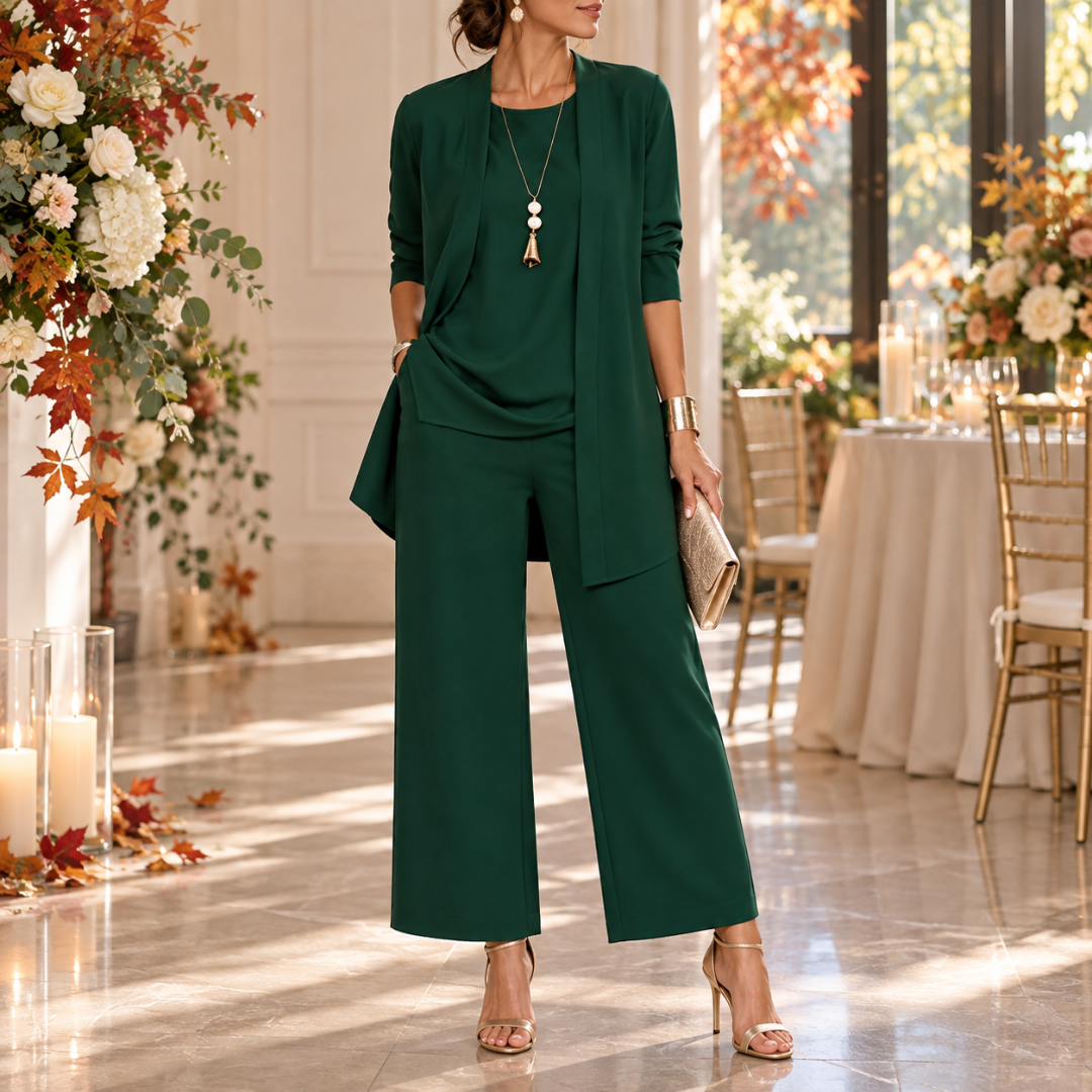 Ensemble vert foncé femme, veste longue ouverte et pantalon à jambes larges