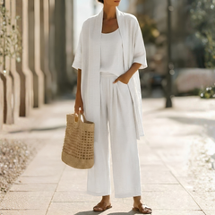 Ensemble trois pièces femme blanc avec kimono long et pantalon large