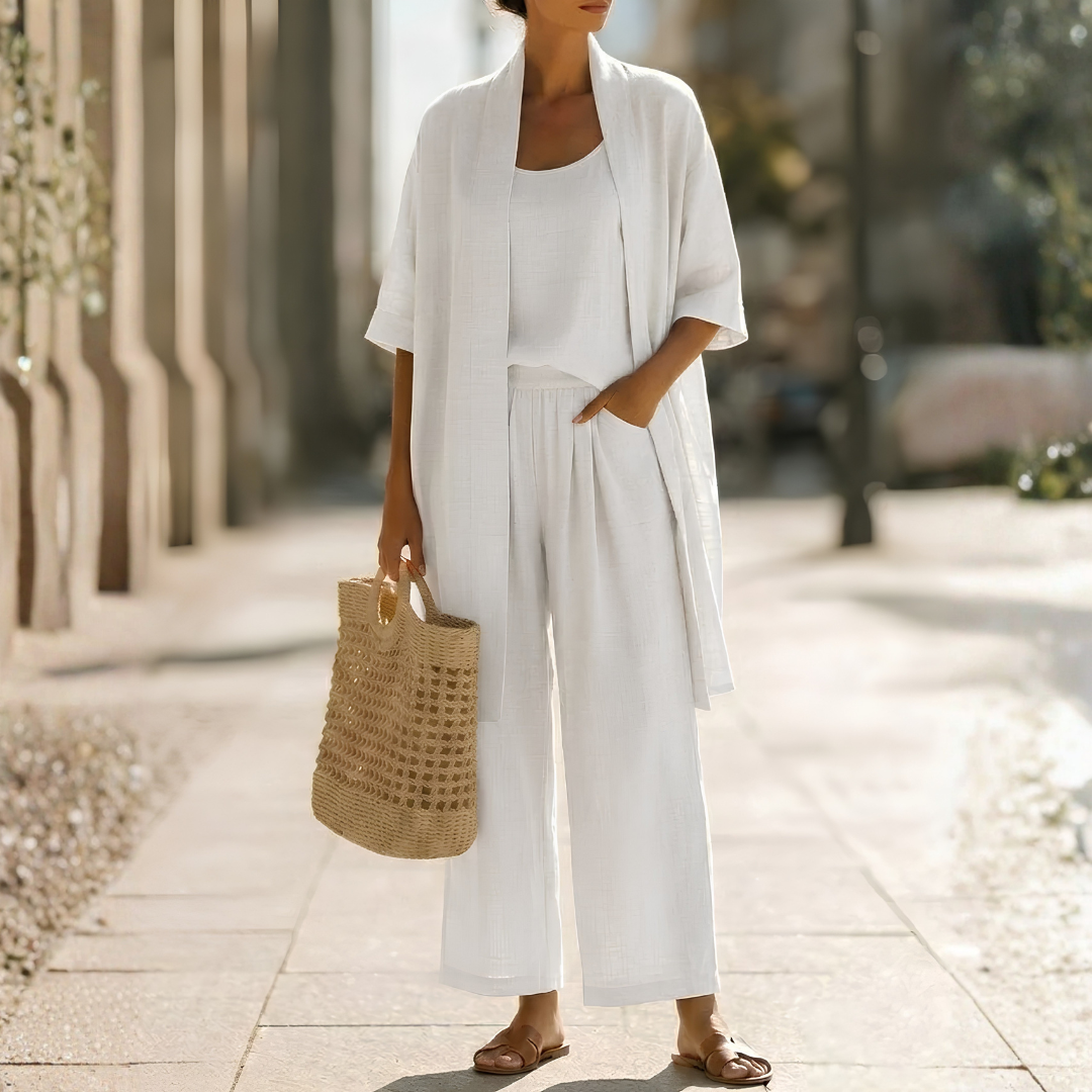 Ensemble trois pièces femme blanc avec kimono long et pantalon large