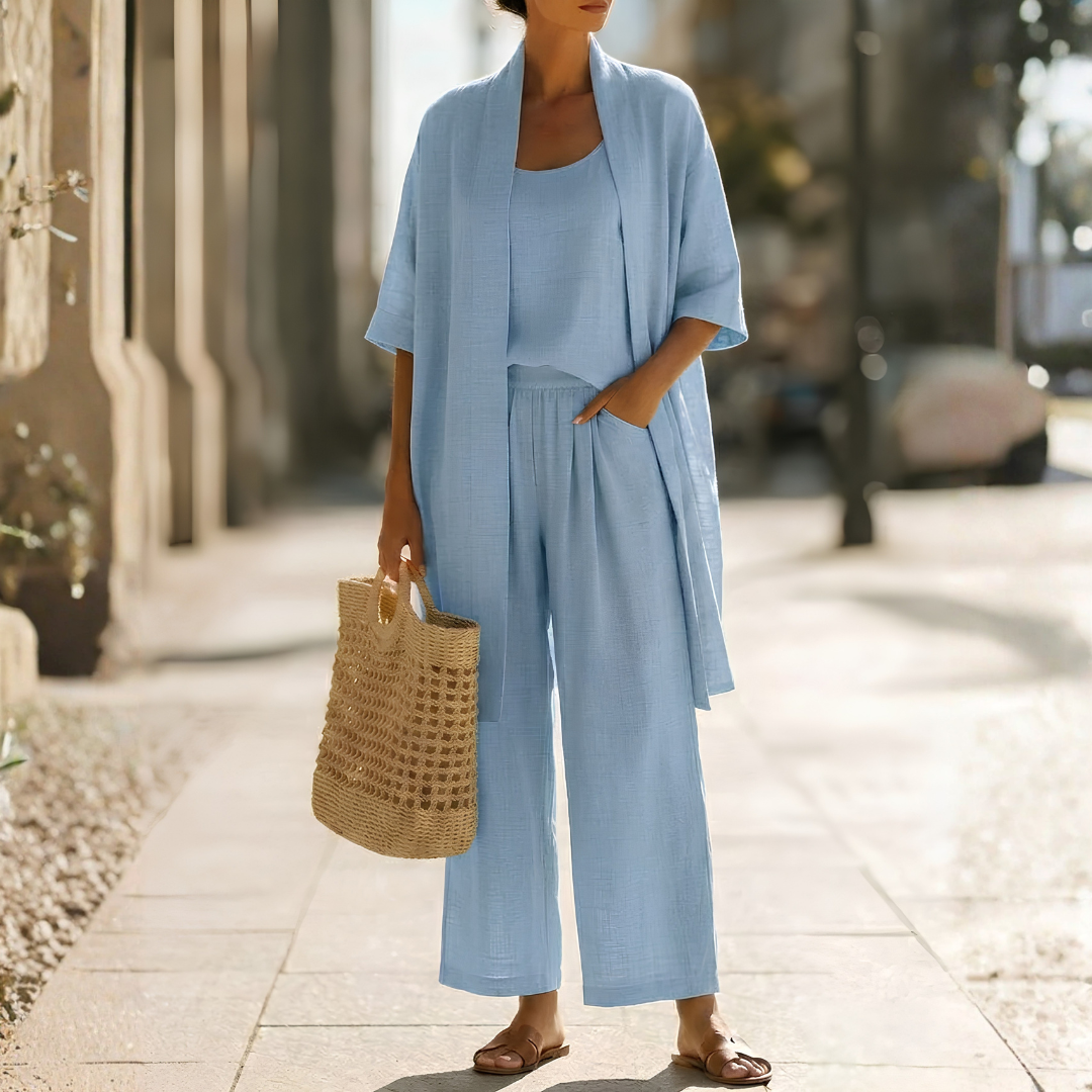 Ensemble trois pièces femme bleu clair, kimono et pantalon ample