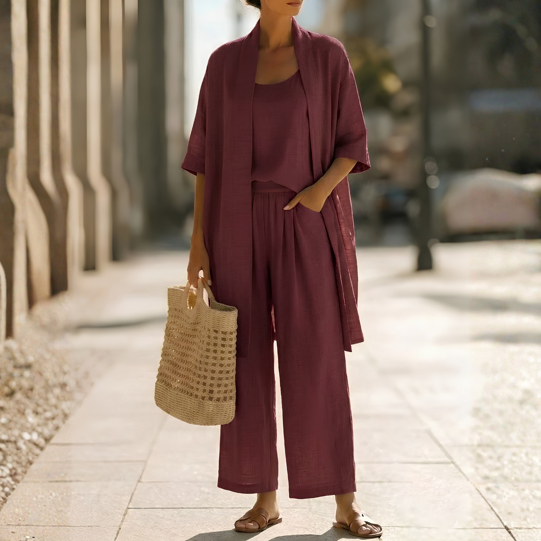 Ensemble Laila bordeaux avec kimono long et pantalon fluide