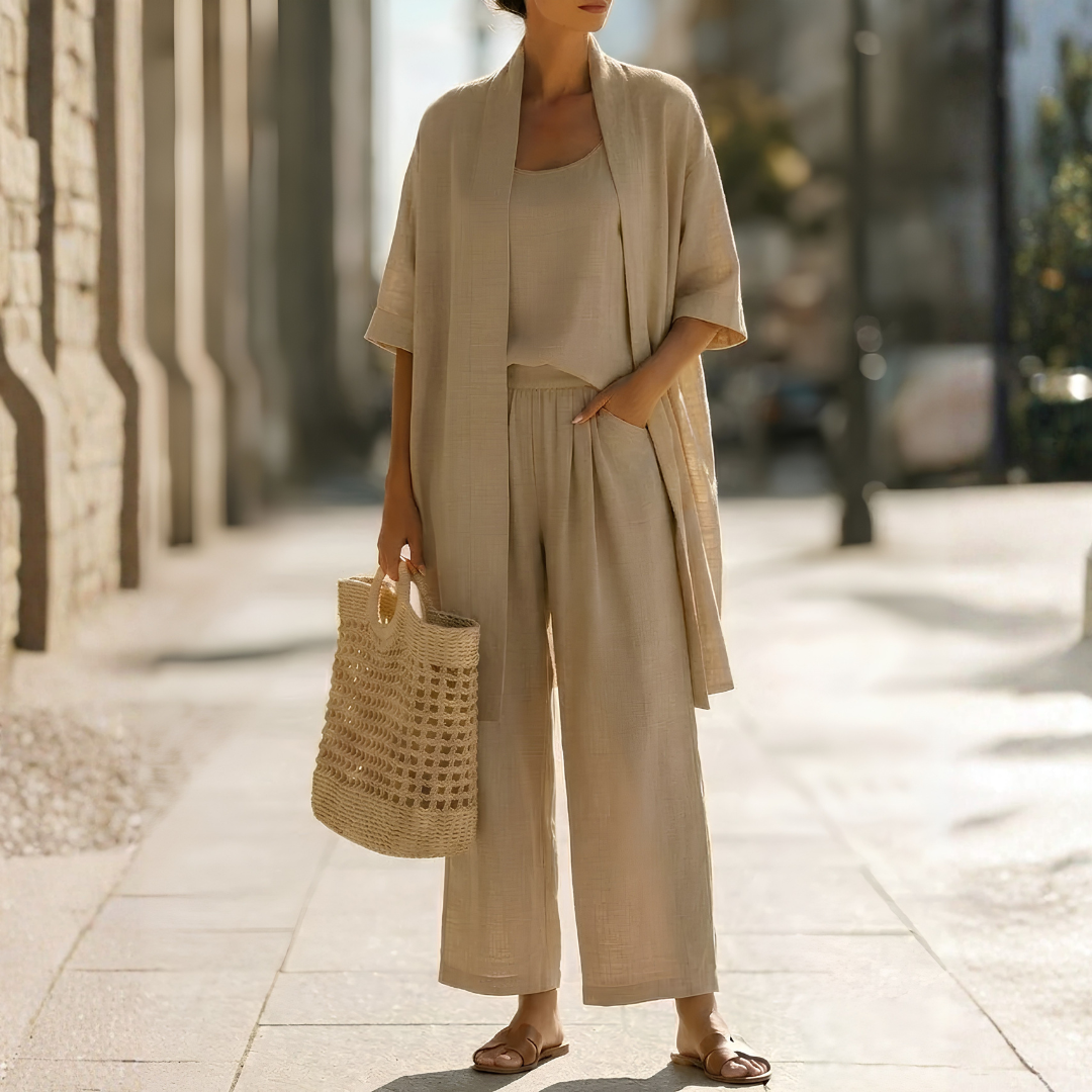 Ensemble trois pièces femme kaki avec kimono long, pantalon large et débardeur, vue complète