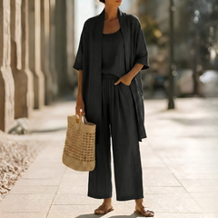 Ensemble trois pièces femme noir, kimono ouvert et pantalon large élégant