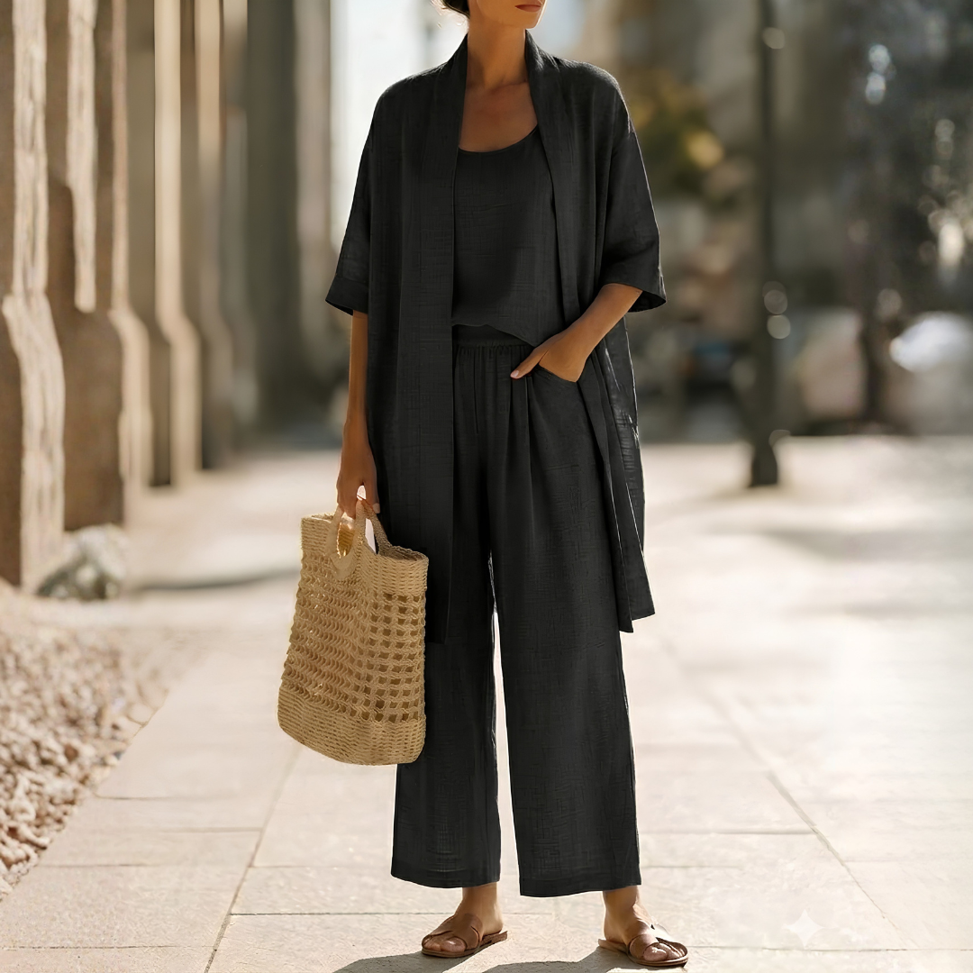 Ensemble trois pièces femme noir, kimono ouvert et pantalon large élégant