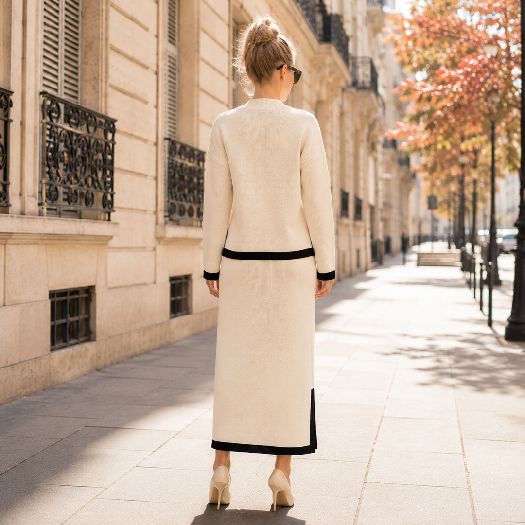 Dos de l'ensemble femme beige, top à col montant et jupe longue fendue
