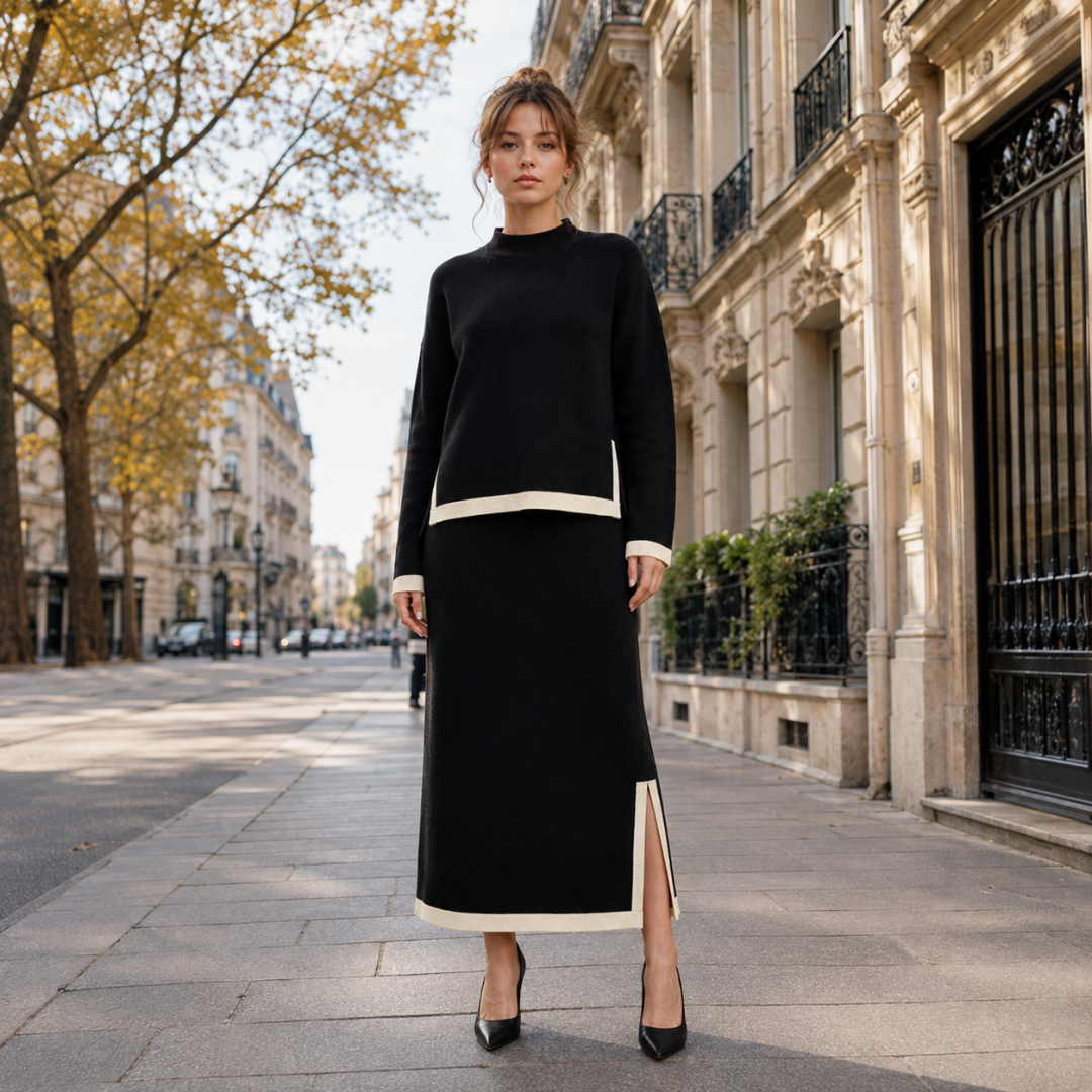 Ensemble femme noir en maille avec bordures beiges et jupe longue fendue