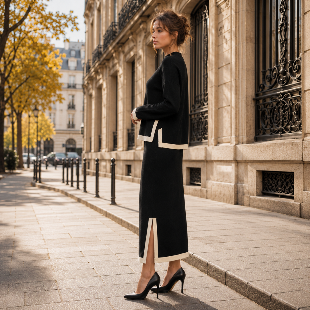 Profil de l'ensemble noir, fente latérale et ourlet souligné d'une bordure beige
