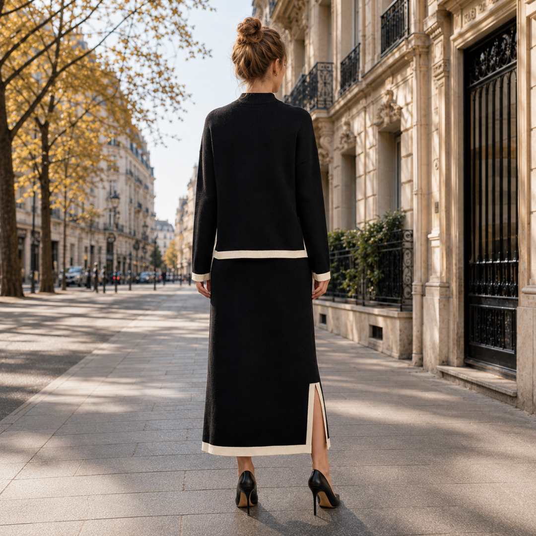 Dos de l'ensemble noir en maille, col montant et jupe longue à fente