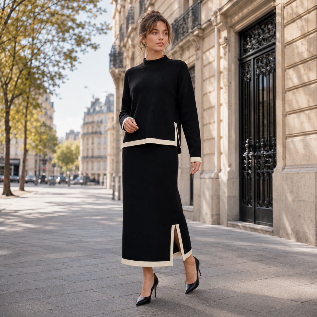 Ensemble noir porté en mouvement, top manches longues et jupe longue bordée beige