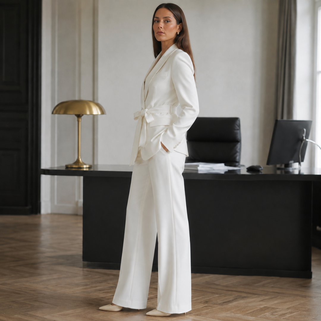 Ensemble tailleur blanc de profil, blazer ceinturé noué et pantalon large fluide