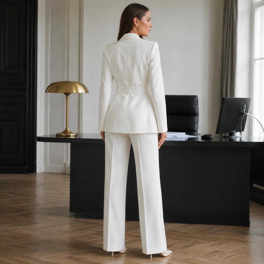 Vue de dos de l'ensemble blanc, ceinture plate à la taille et dos ajusté