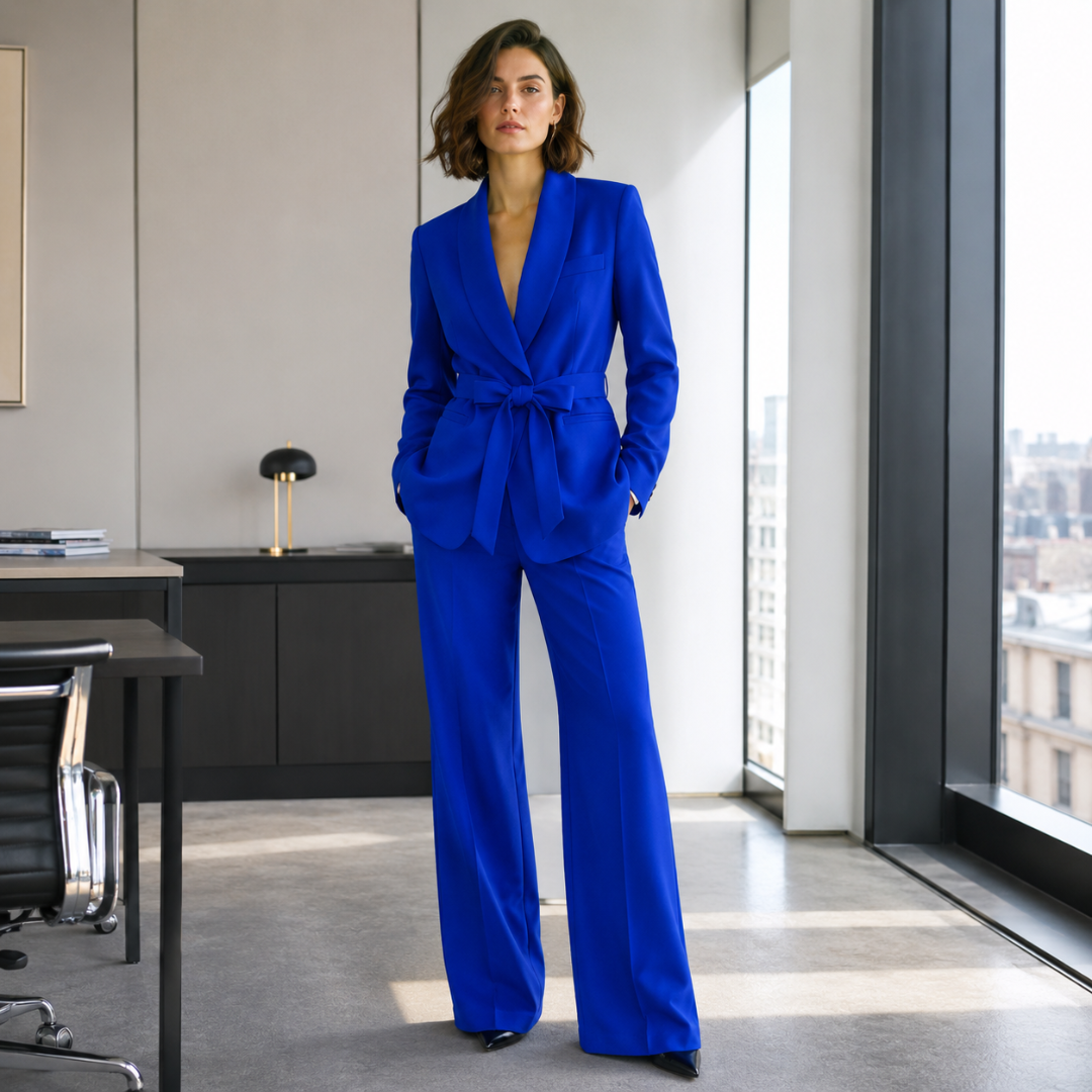 Tailleur bleu électrique porté en pied, épaules dessinées et pantalon très ample