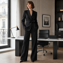 Ensemble noir élégant, veste croisée sans boutons et pantalon taille haute large