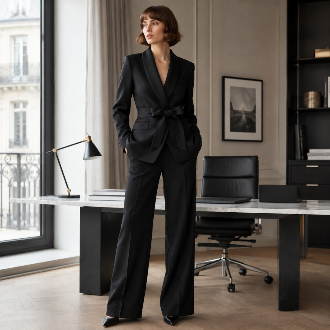 Ensemble noir élégant, veste croisée sans boutons et pantalon taille haute large