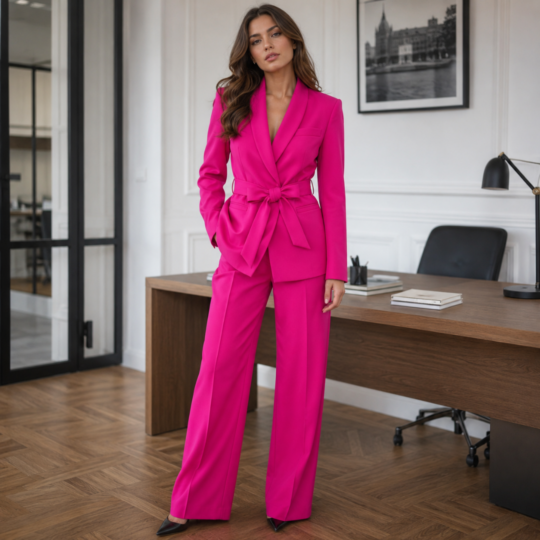 Tailleur rose foncé avec blazer à col châle ceinturé et pantalon large fuselé
