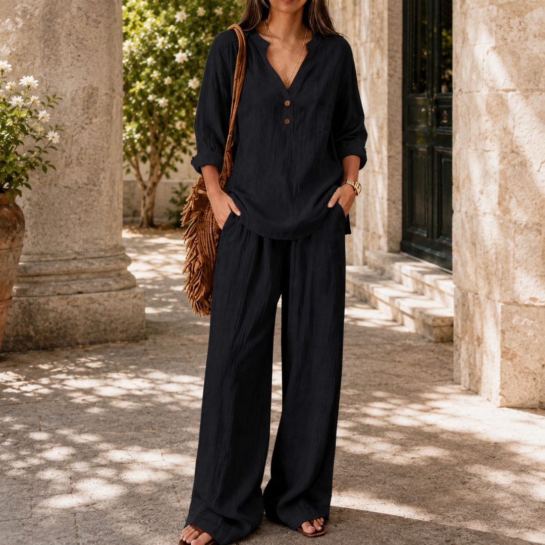 Ensemble femme noir deux pièces, blouse oversize col V et pantalon large fluide