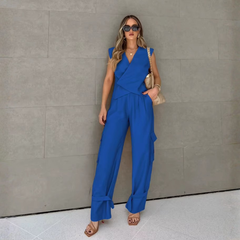 Ensemble deux pièces femme bleu vif, vue complète de face haut croisé col en V