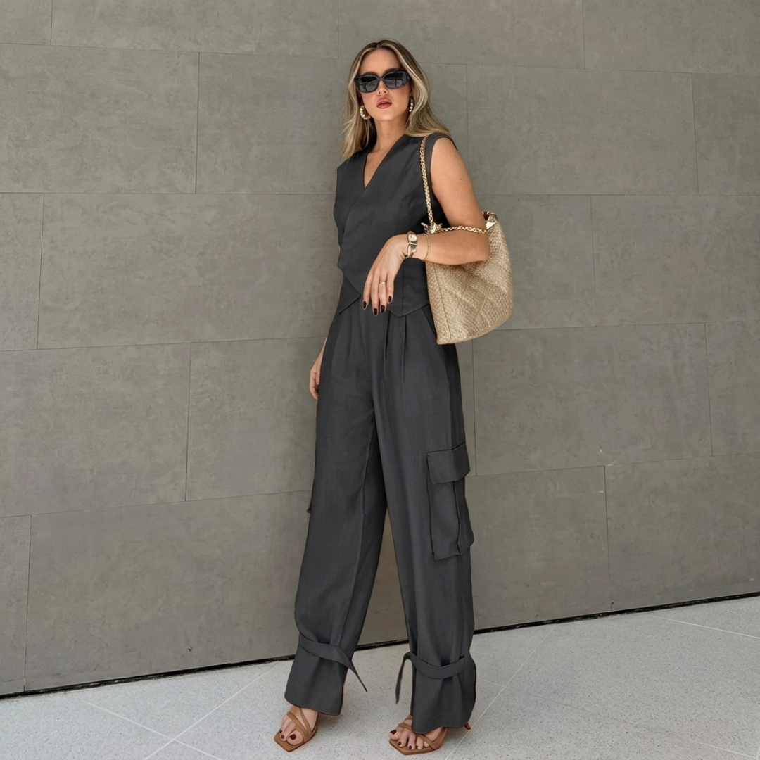 Ensemble deux pièces gris, pose de côté montrant la coupe large du pantalon