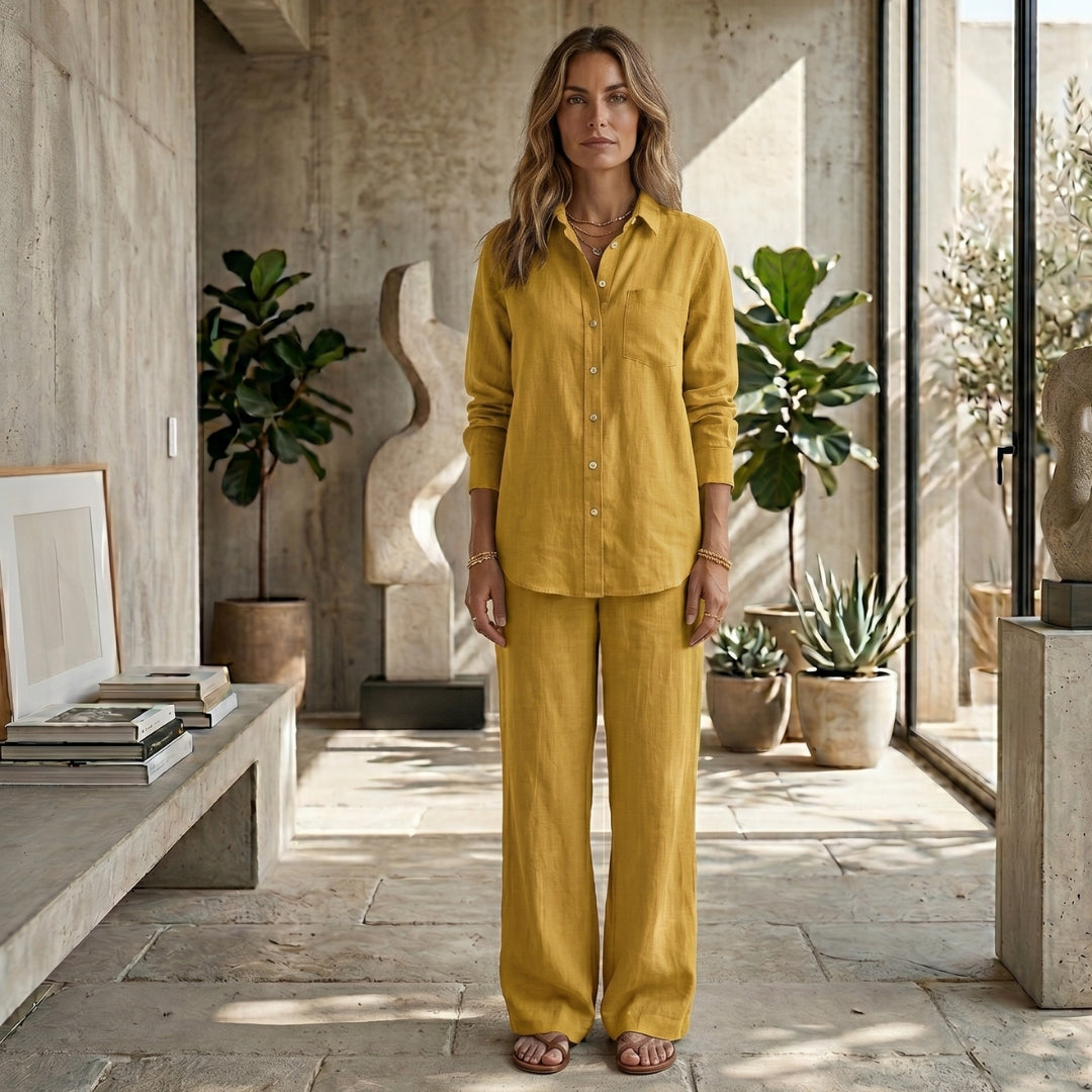 Ensemble femme jaune moutarde chemise boutonnée et pantalon fluide taille haute
