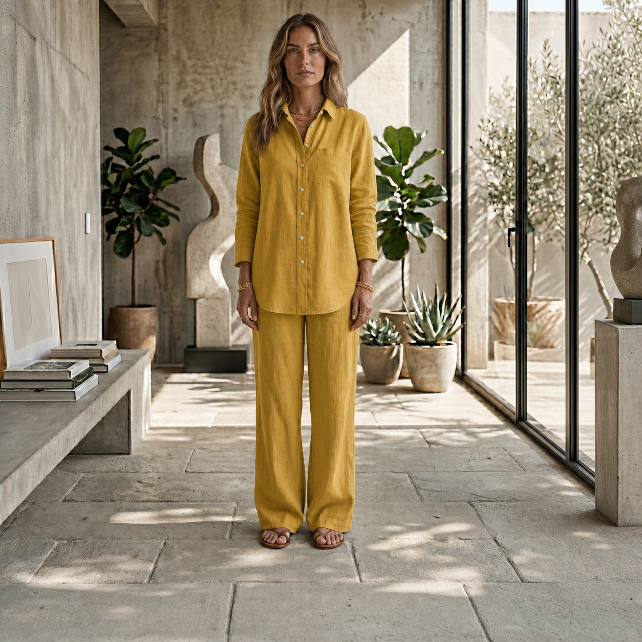 Ensemble femme jaune moutarde chemise boutonnée et pantalon fluide taille haute