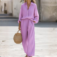 Ensemble femme coloris lilas, chemise manches longues et pantalon fluide