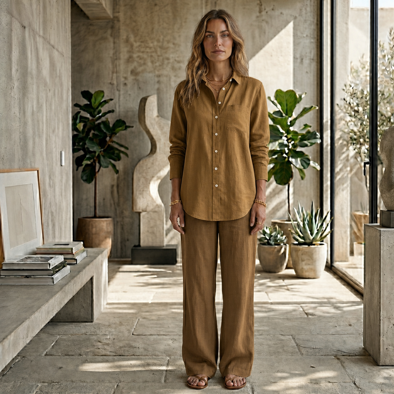 Ensemble deux pièces femme marron caramel chemise manches longues et pantalon large