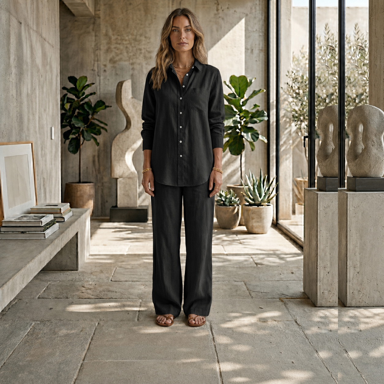 Ensemble coordonné femme noir chemise col classique et pantalon wide-leg fluide