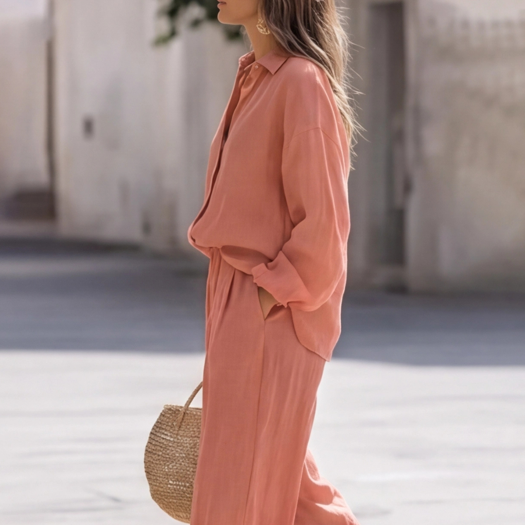 Tenue coordonnée femme orange, pantalon large et chemise, vue de dos