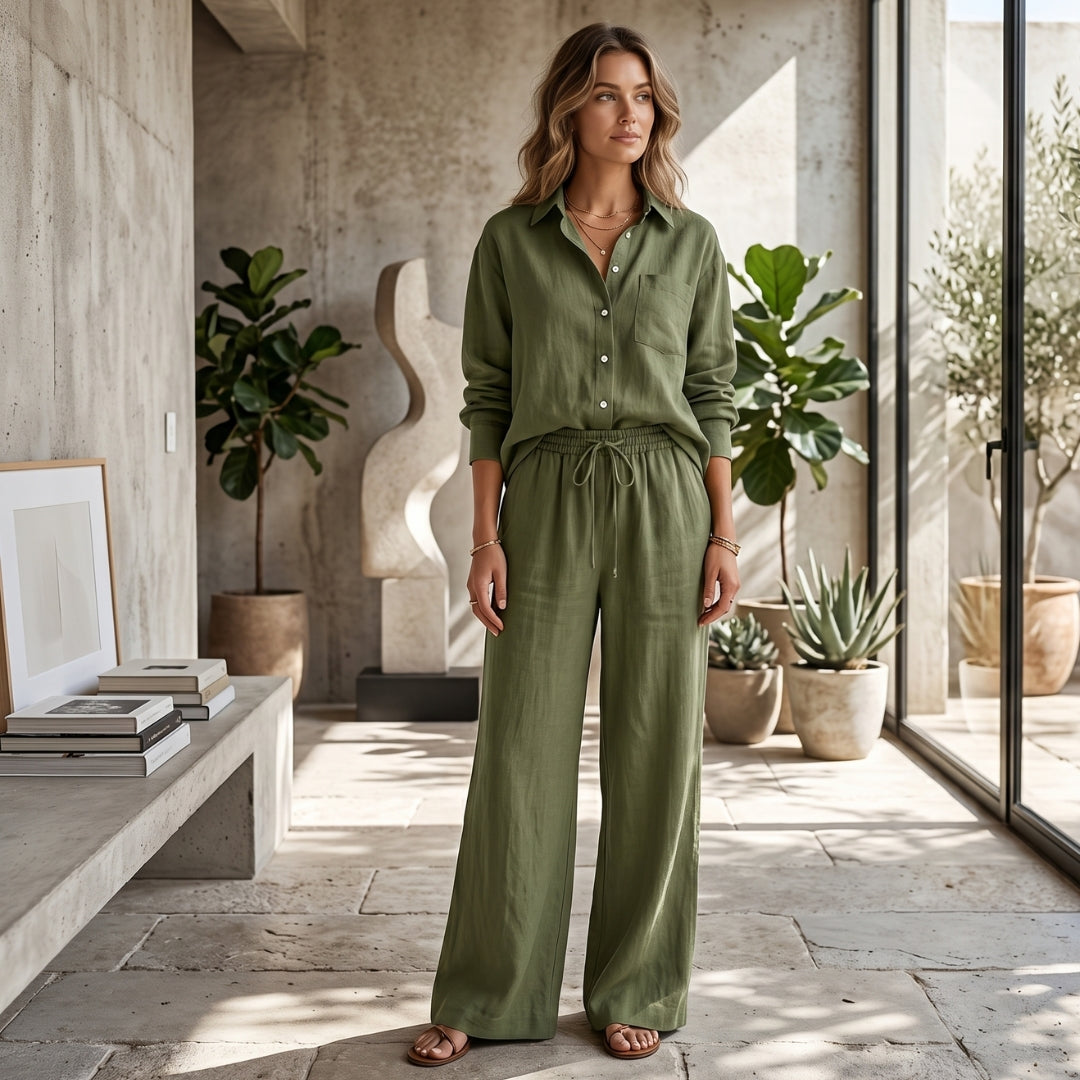 Ensemble deux pièces femme vert sauge chemise boutonnée et pantalon large fluide vue de face