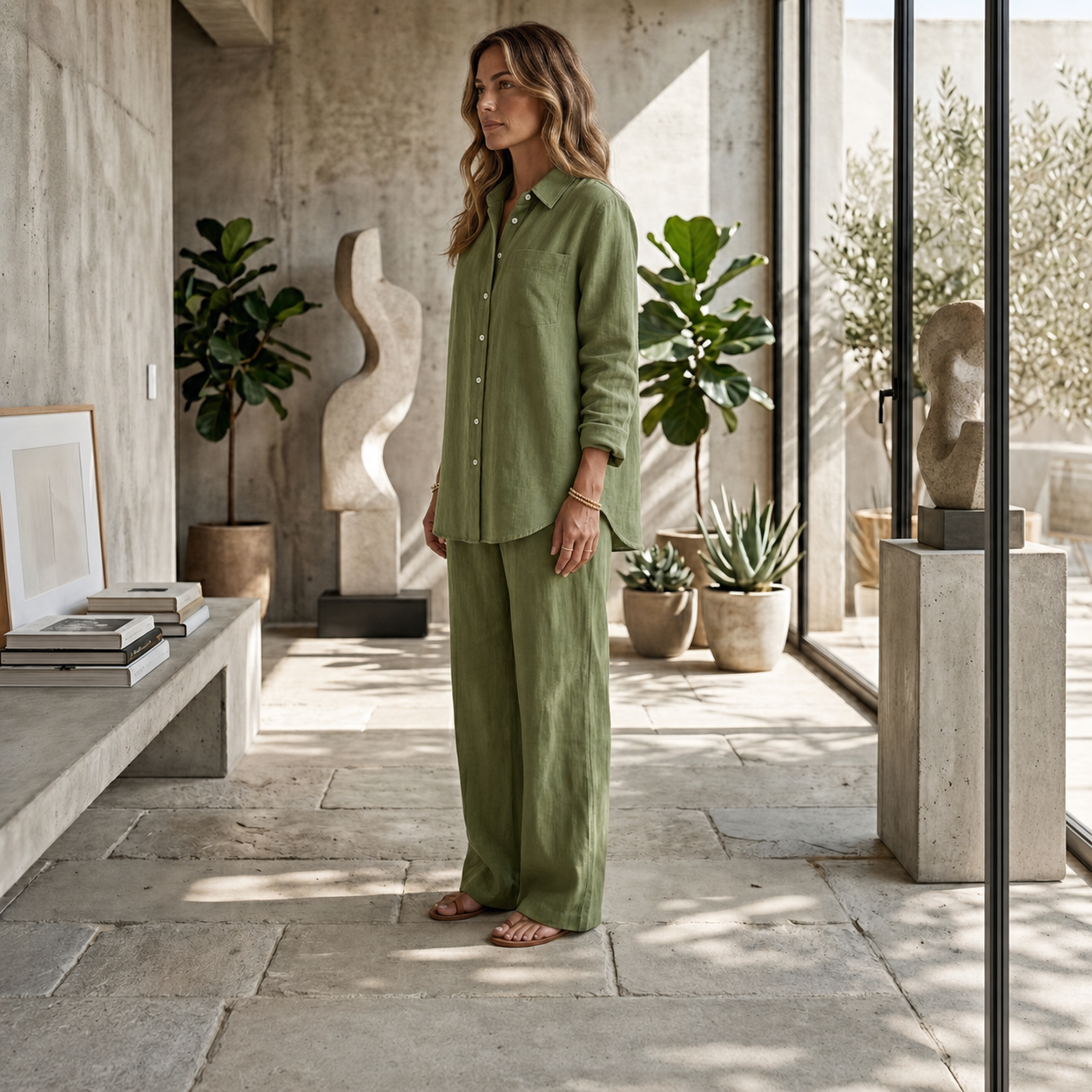 Ensemble femme vert sauge pantalon large et chemise manches longues vue de dos