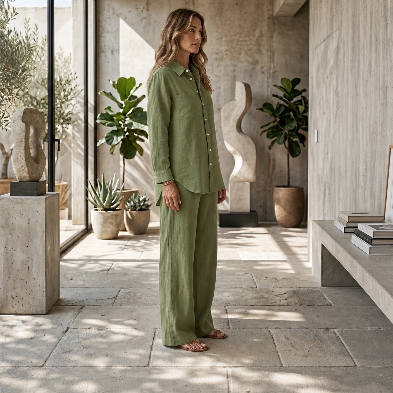 Ensemble coordonné femme vert coupe loose chemise col classique et pantalon taille élastique