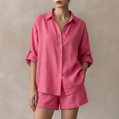 Ensemble femme chemise et short rose, vue de face