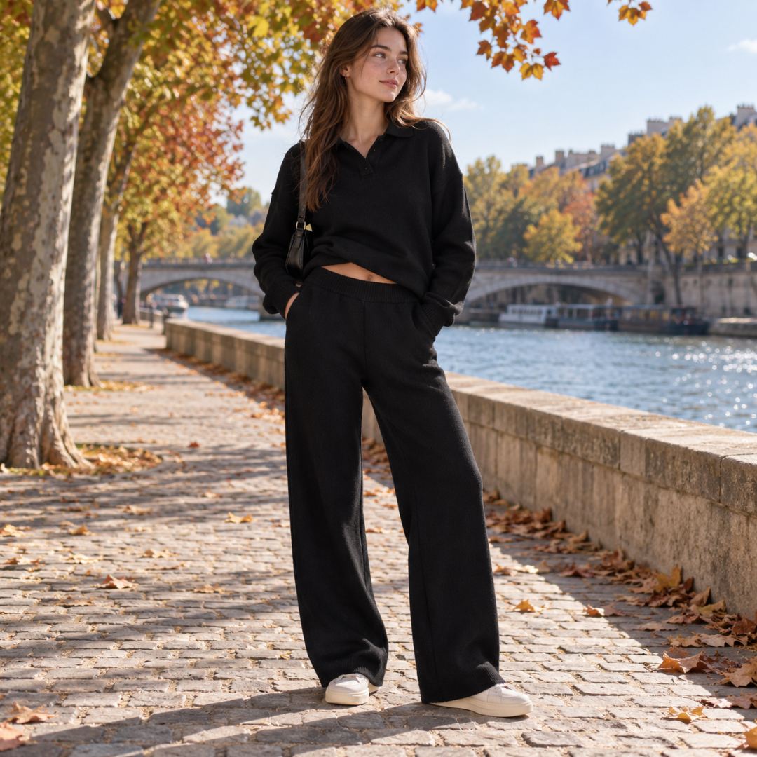 Ensemble femme noir en maille, col polo et pantalon large côtelé à la taille