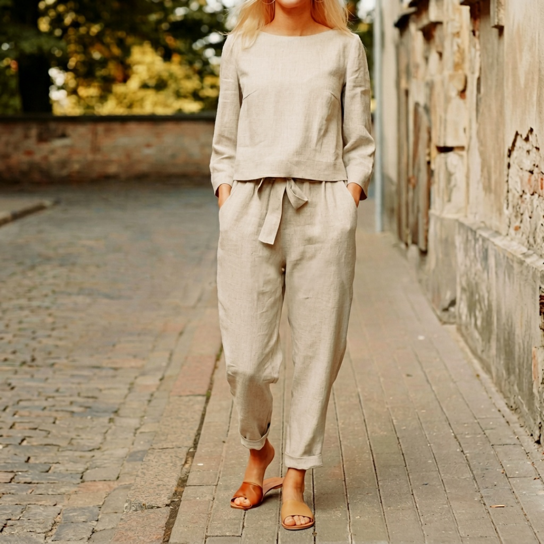 Ensemble femme beige, vue de face, coupe détendue et naturelle