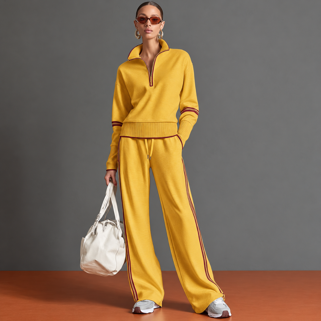 Ensemble femme jaune, pull demi-zip et pantalon large à bandes bordeaux