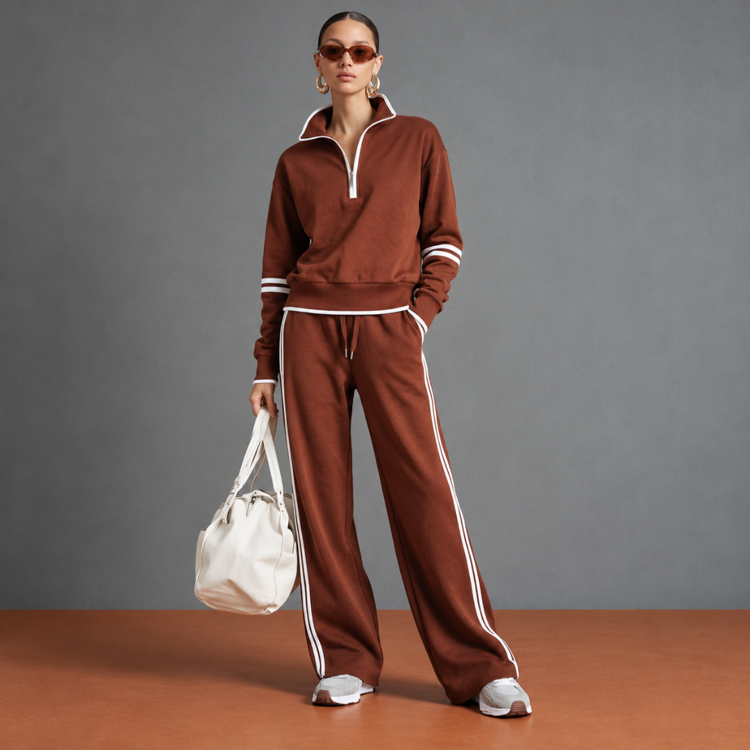 Ensemble femme marron avec demi-zip, cordon à la taille et bandes blanches
