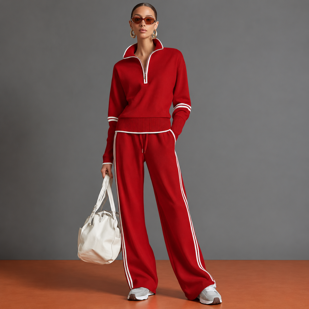 Ensemble femme rouge avec liserés blancs au col, aux manches et aux jambes